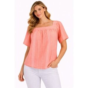 Sonoma Goods For Life Women 1X Coral Striped Cotton Blouse Short Sleeve Top